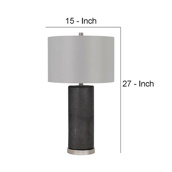 27 Inch Ceramic Table Lamp， Faux Leather Wrapped， Dimmer， Grey