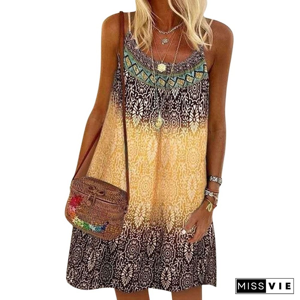 Summer New Fashion Women's Vintage Printed Casual Spaghetti Strap loose Dress Loose Plus Size Dress