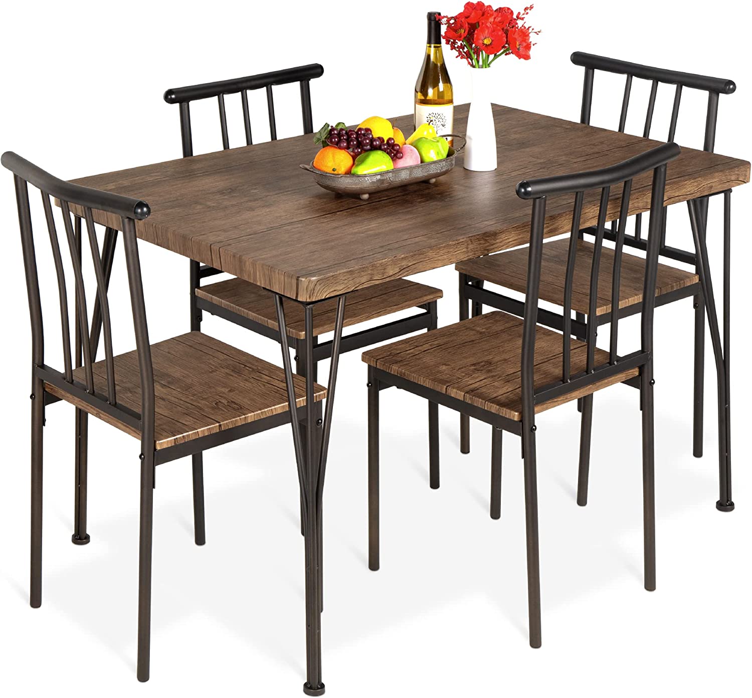 Best Choice Products 5-Piece Metal and Wood Indoor Modern Rectangular Dining Table Furniture Set for Kitchen， Dining Room， Dinette， Breakfast Nook w/ 4 Chairs - Drift Brown