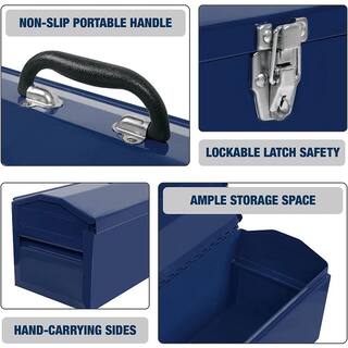 TCE 19.1 in. L x 6.1 in. W x 6.5 in. H Hip Roof Style Portable Steel Tool Box with Metal Latch Closure Blue ATB101U