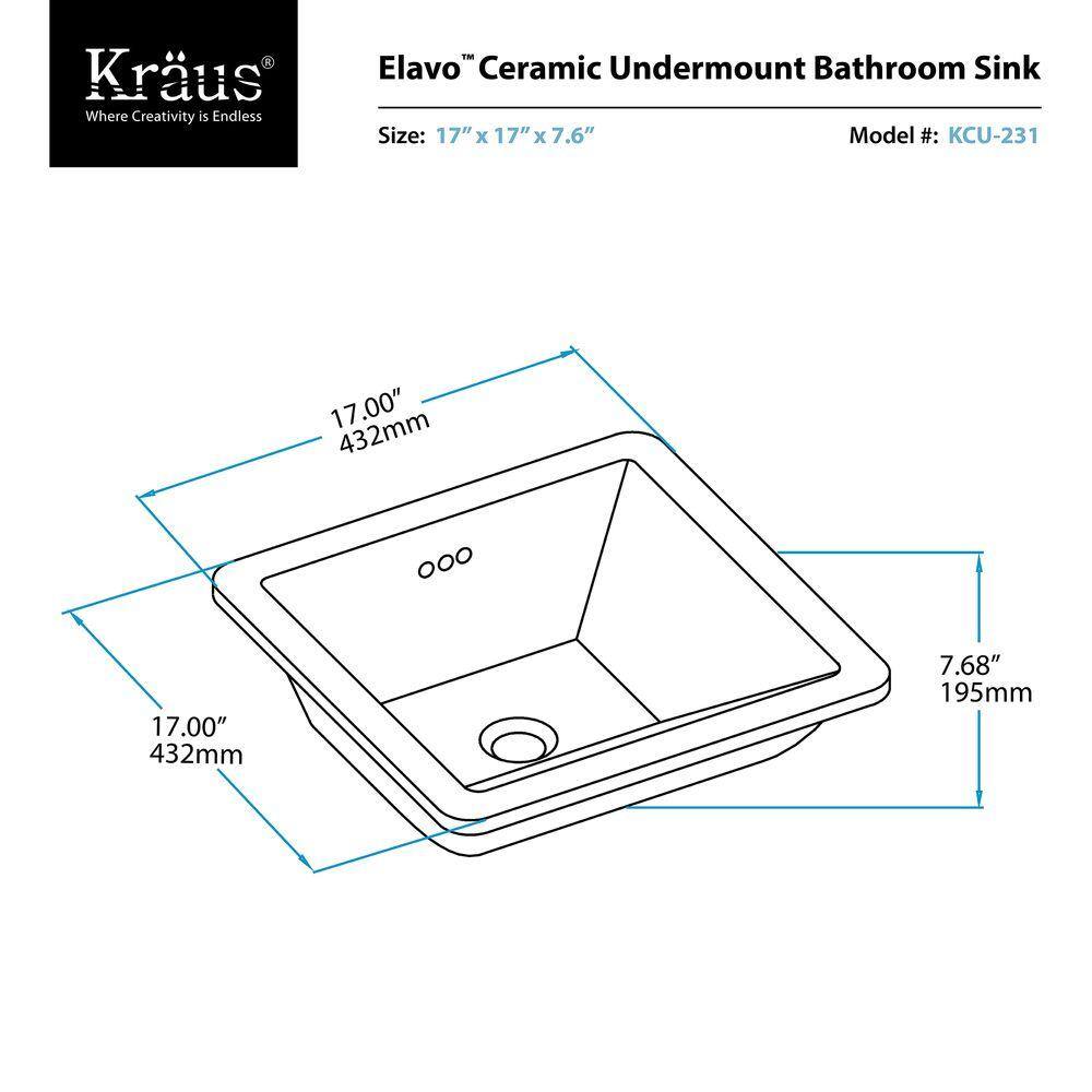 KRAUS Elavo Square Ceramic Undermount Bathroom Sink in White with Overflow KCU-231