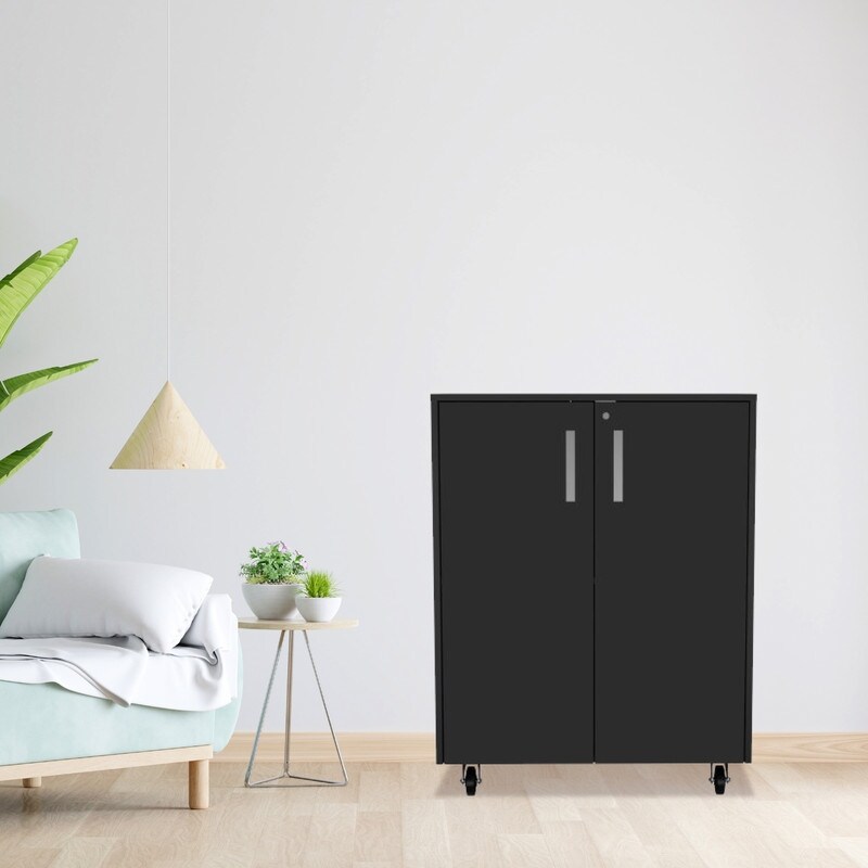 Two Door storage cabinet Black accent cabinet Particle Boar casters