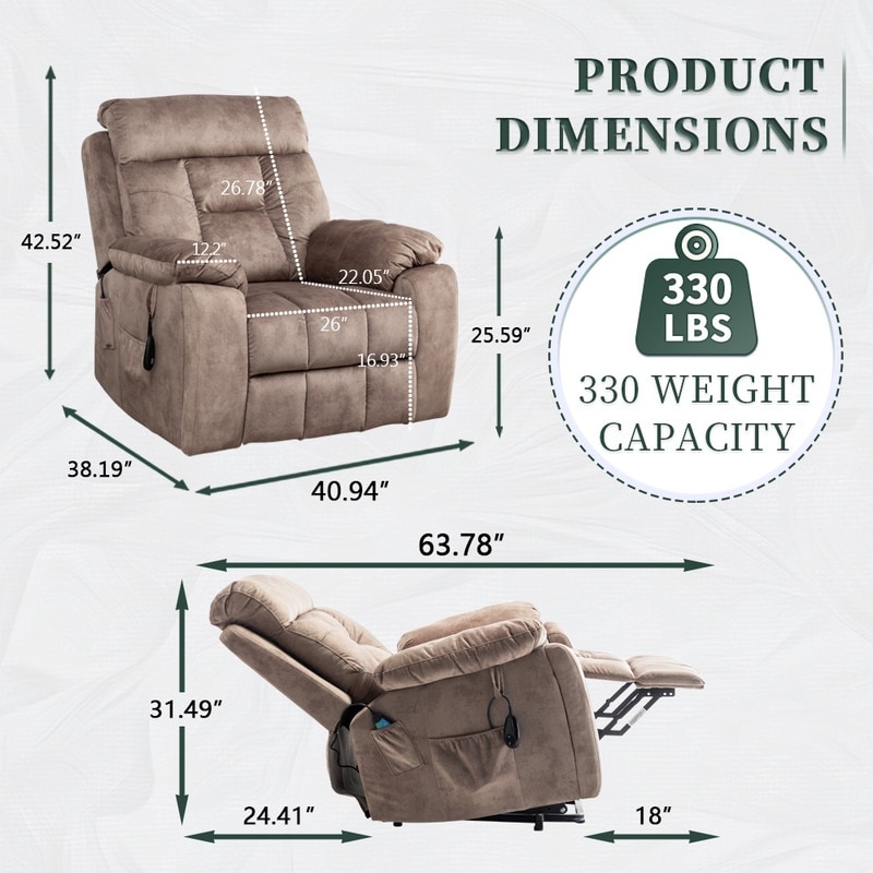 Luxury Big and Tall Velvet Recliner Lift Sofa with Massage Heating and Assisted Standing