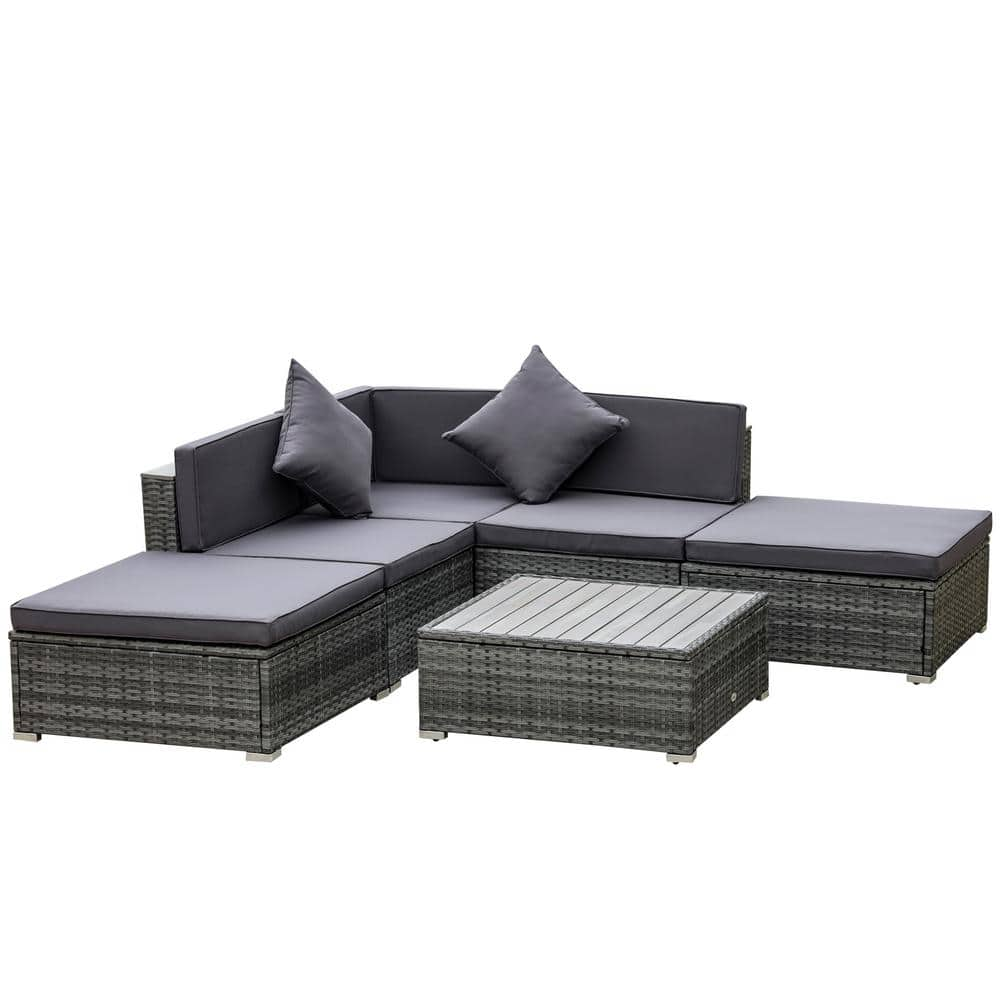 Outsunny 6-Piece Patio Furniture Sets PE Rattan Wicker Outdoor Sectional Sofa Set Conversation Sets with Grey Cushion 860-213GY