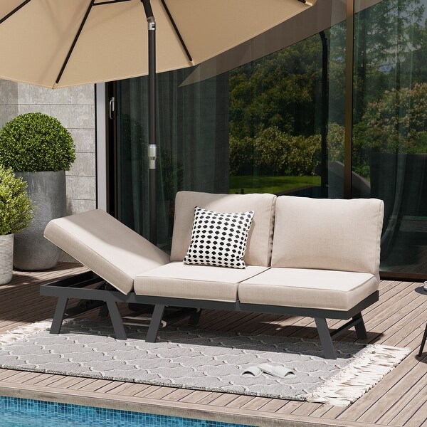 Outdoor Patio Sofa Daybed Adjustable Aluminum Chaise Lounge Bench with Cushion