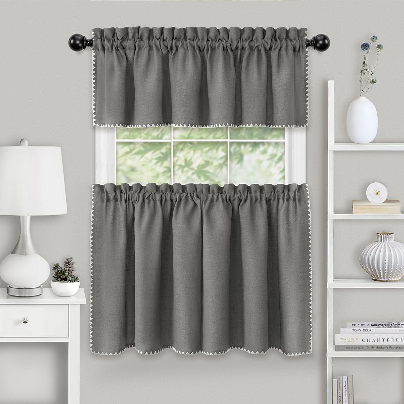 Kate Aurora Coastal Hamptons Living Complete 3 Piece Textured Kitchen Curtain Tier and Valance Set