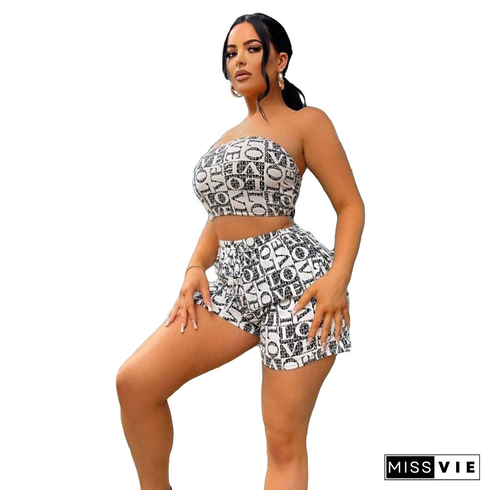 Causal Women Letter Print Strapless Crop Top Bodycon Elastic Waist Shorts Sportsuit 2 Piece Set