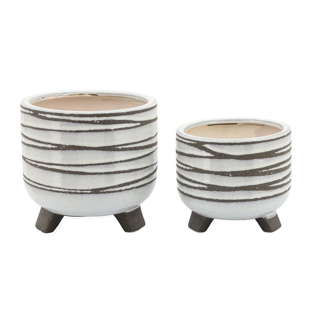 White and Taupe Ceramic Footed Planters (Set of 2)   8.0\