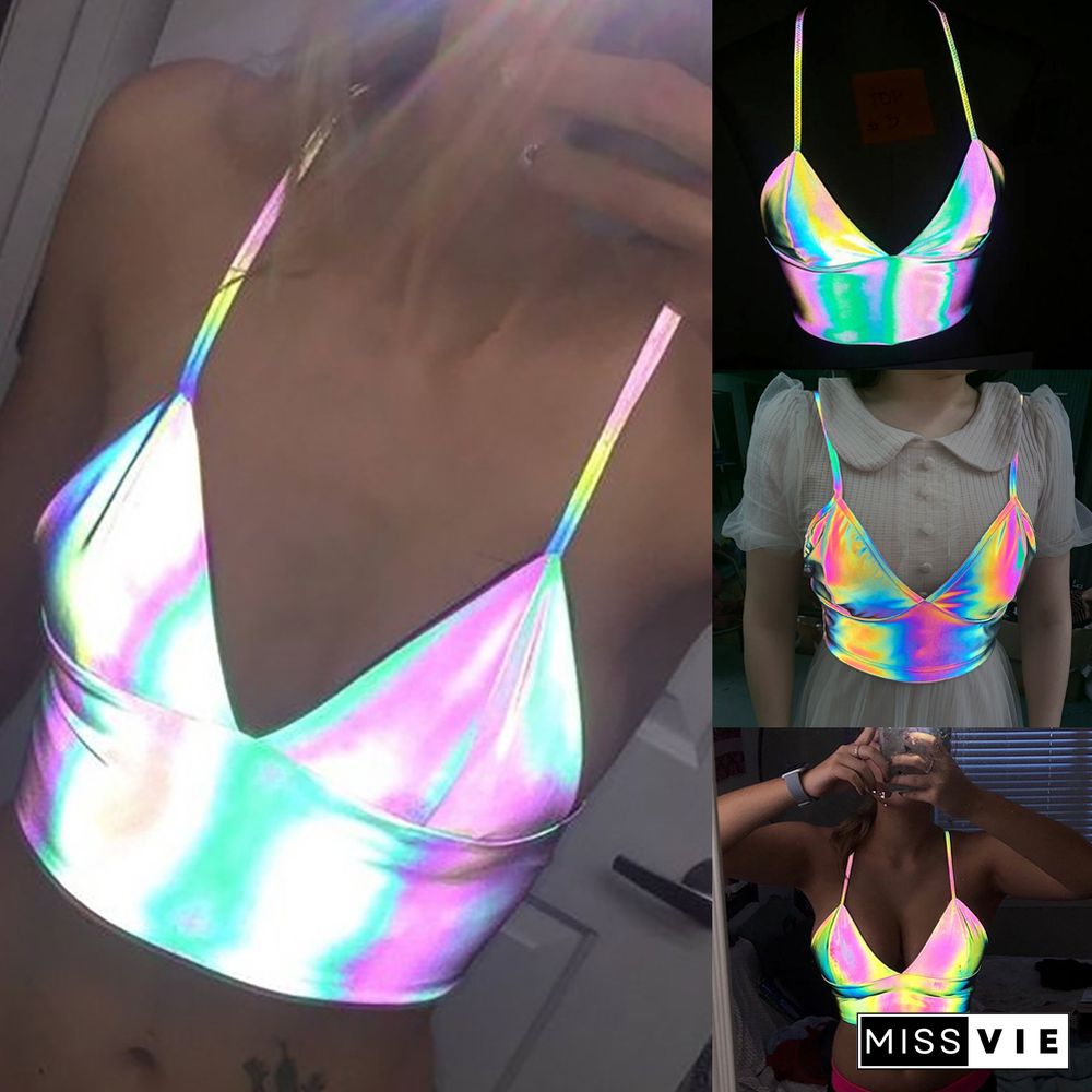 Women V Neck Sexy Holographic Bralette Crop Top Reflective Strap Fashion Camis Hot Summer Sleeveless Backless Tank Tops