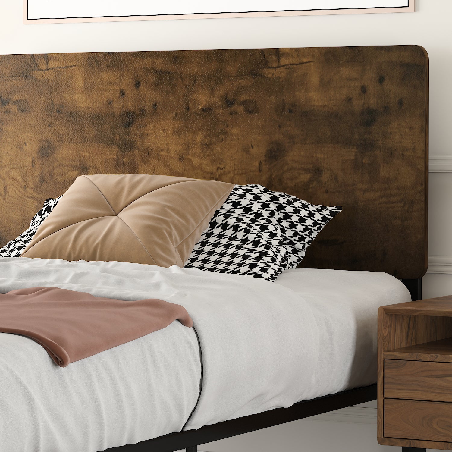 Amolife Queen Size Metal Platform Bed Frame with Industrial Wood Headboard and Metal Slats