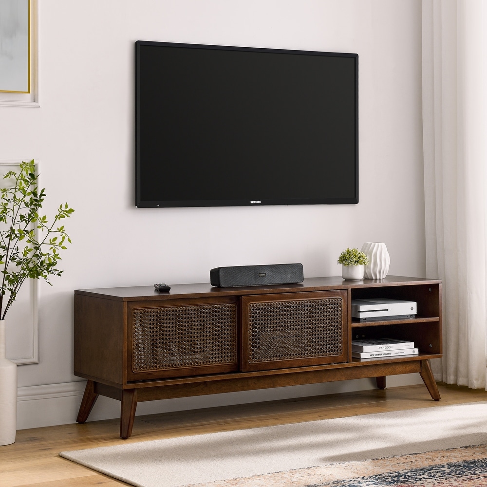 Rattan TV Stand Media Console Entertainment Cabinet for Living Room Bedroom w/ Wood Feet   Rattan Sliding Cabinet Doors