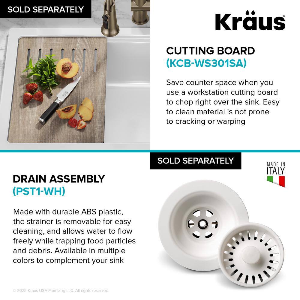 KRAUS Turino Gloss White Fireclay 33 in. Single Bowl Drop-InUndermount Workstation Kitchen Sink KFDW1-33GWH