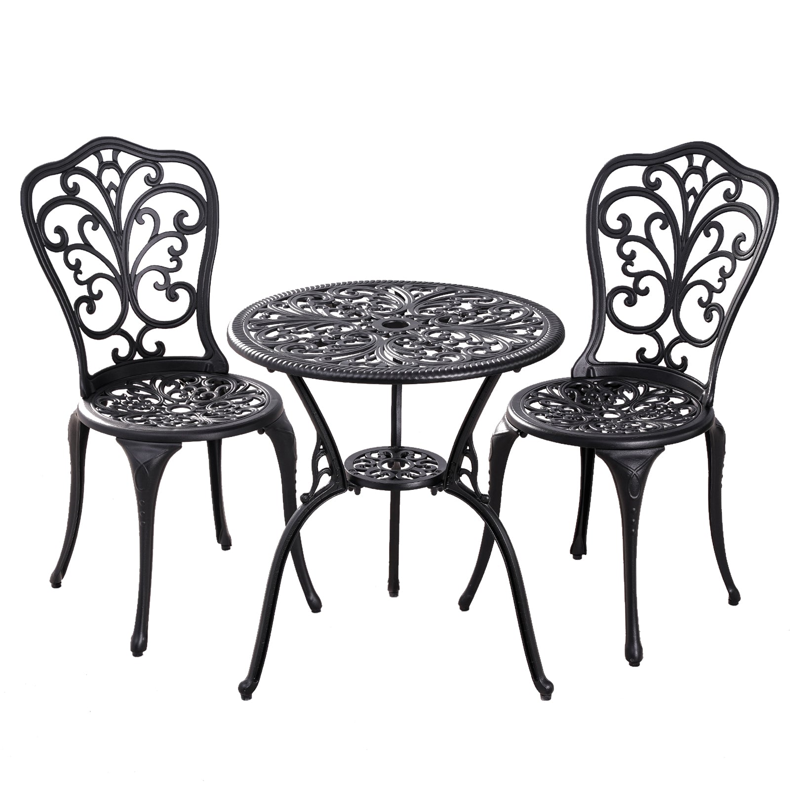 Withniture 3 Piece Patio Bistro Sets Cast Aluminum Bistro Table Set Outdoor Patio Furniture with Umbrella Hole for Patio Set Black