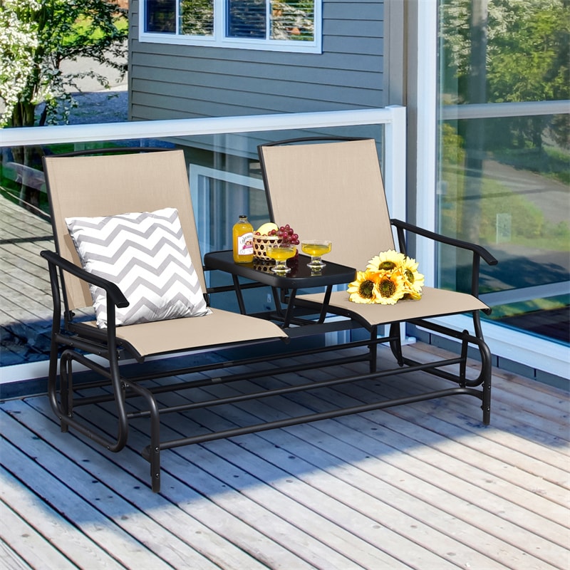 Outdoor 2-Person Rocking Loveseat Patio Bench Glider Chair with Center Tempered Glass Table