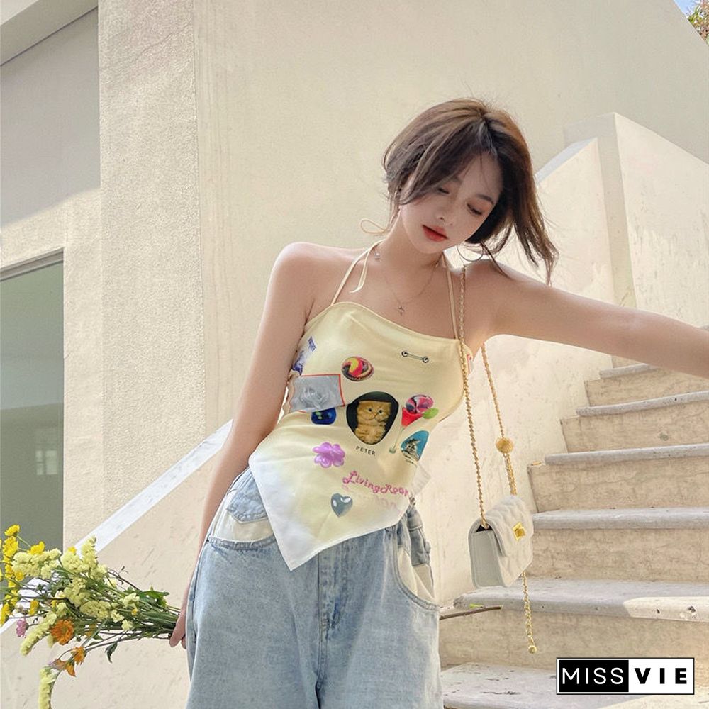 Cropped Camis Print Backless Sexy Summer Holiday Irregular Ladies Tops Elegant Sweet Lovely Korean Style Stylish Prevalent Chic