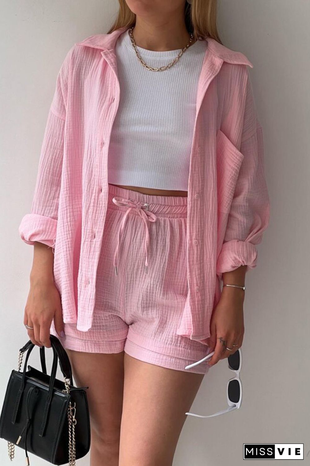 Plain Button Up Shirt and Drawstring Shorts 2PCS Set