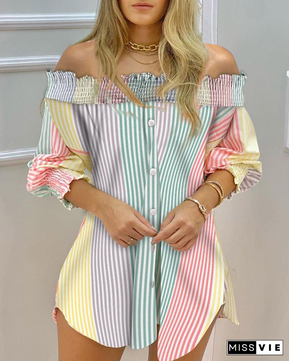 Off Shoulder Color Striped Button Front Smoking Blouse Dress P13581