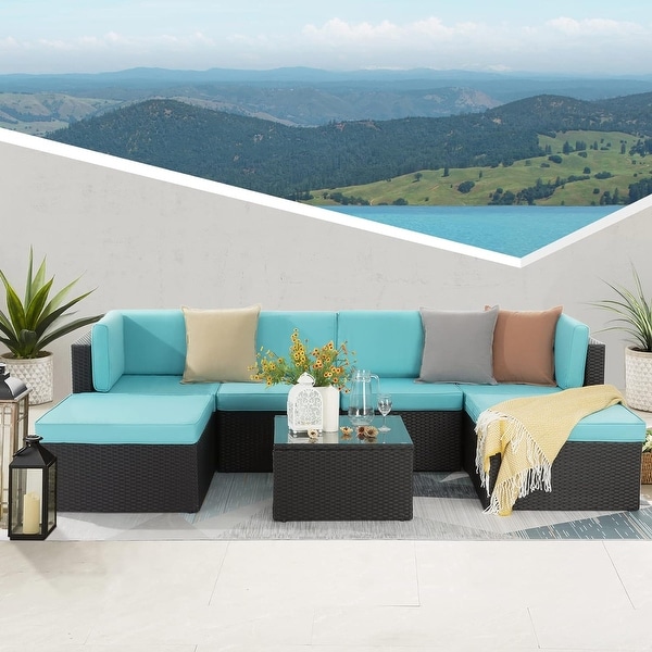 Bossin 7 Pieces Patio Furniture Sets，Outdoor Sectional Sofa，Rattan Wicker Couch with Washable Cushions and Glass Table