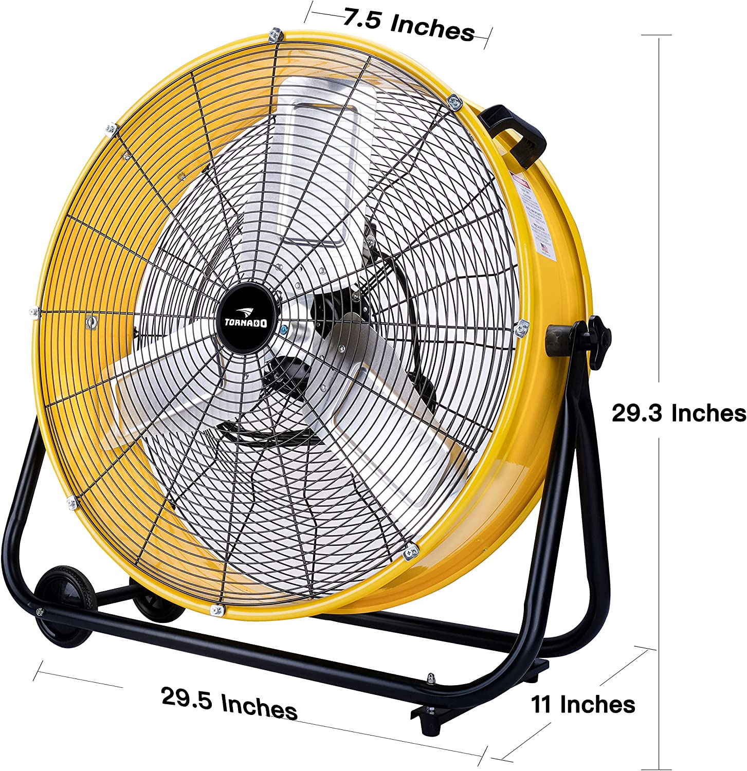 Tornado 24 Inch High Velocity Heavy Duty Tilt Metal Drum Fan Yellow Commercial， Industrial Use 3 Speed 8540 CFM 1/3 HP 8 FT Cord UL Safety Listed