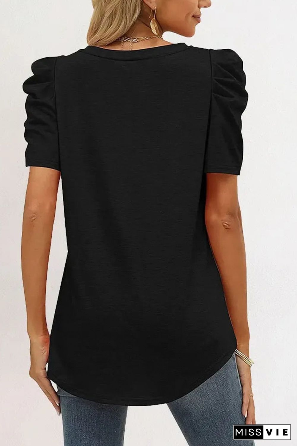 Black Puff Sleeve V-Neck T-Shirt