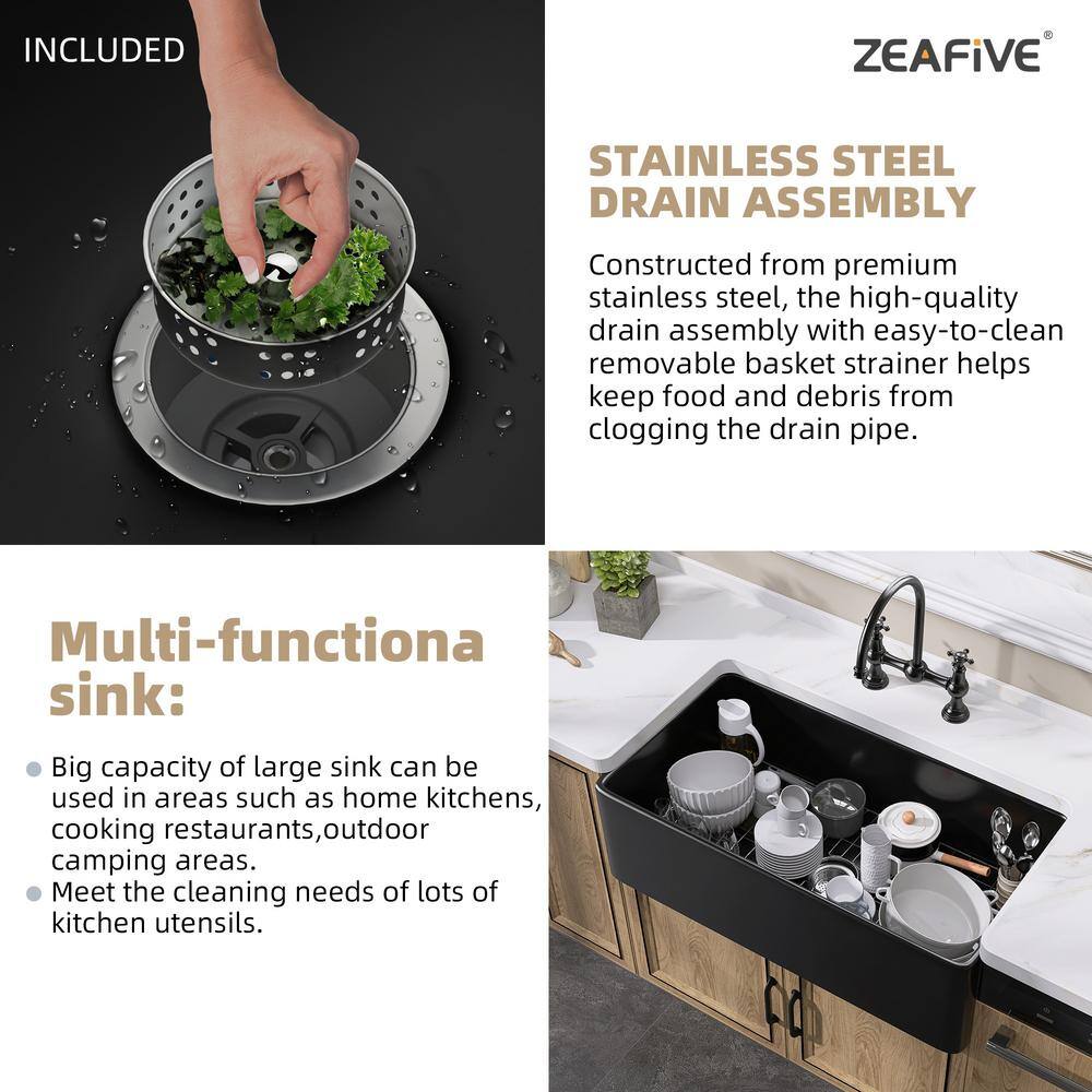 Zeafive 33 in. Fireclay Farmhouse Apron Front Single Bowl Kitchen Sink Matte Black With Bottom Grid and Strainer ZFC3318-B2