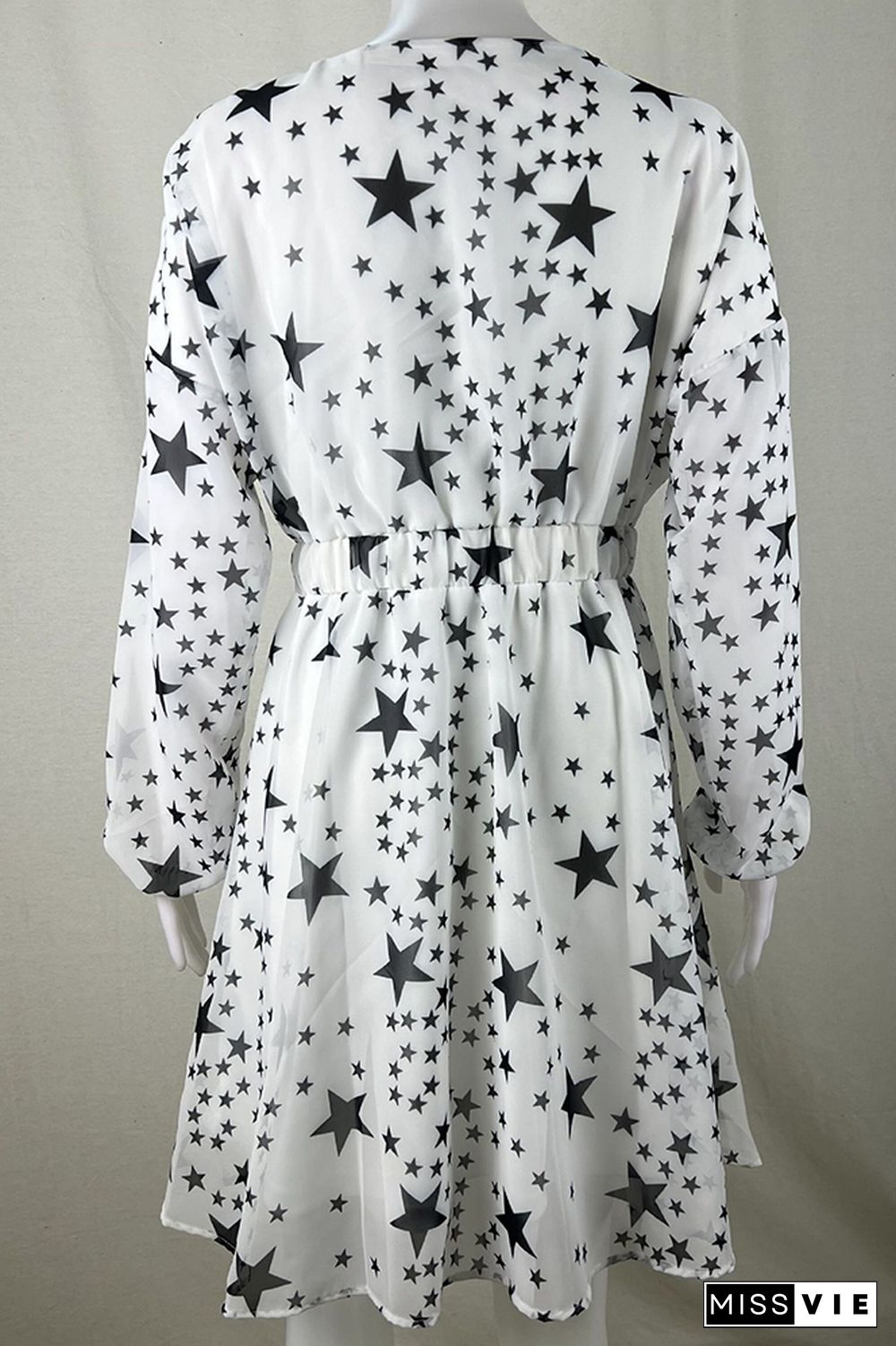 Star Print V Neck Baggy Long Sleeves Mini Dress