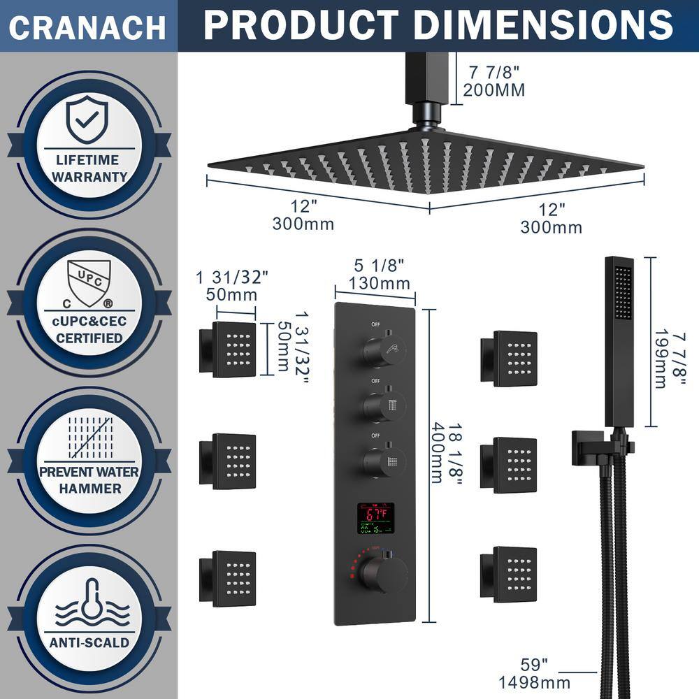 CRANACH 7-Spray Patterns 12 in. Dual Shower Head Ceiling Mount and Handheld Shower Head 2.5 GPM in Matte Black SRSFS-1026-BK12