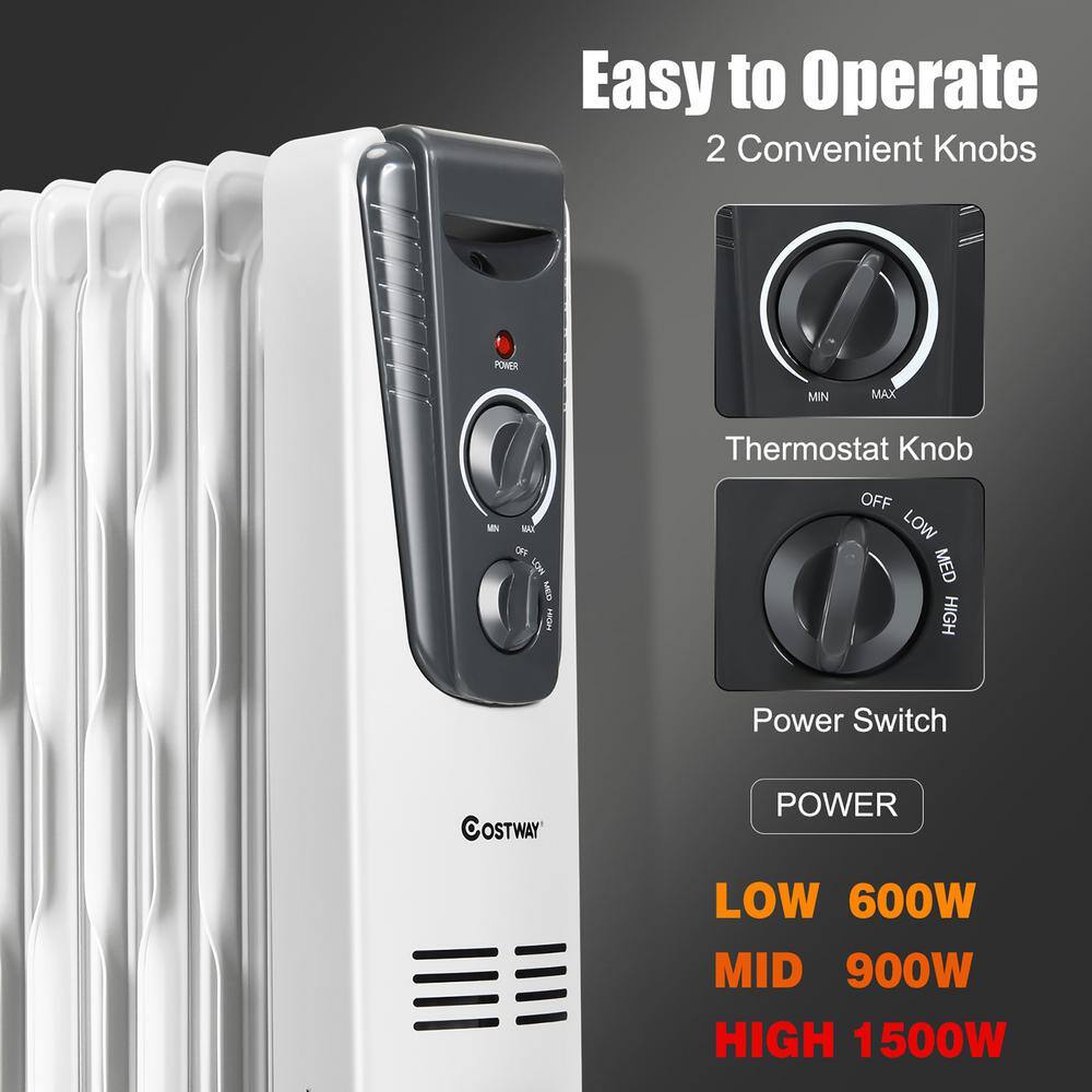 Costway 1500-Watt Gray Electric Oil Filled Radiator Space Heater 5.7 Fin Thermostat Room Radiant GHM0489