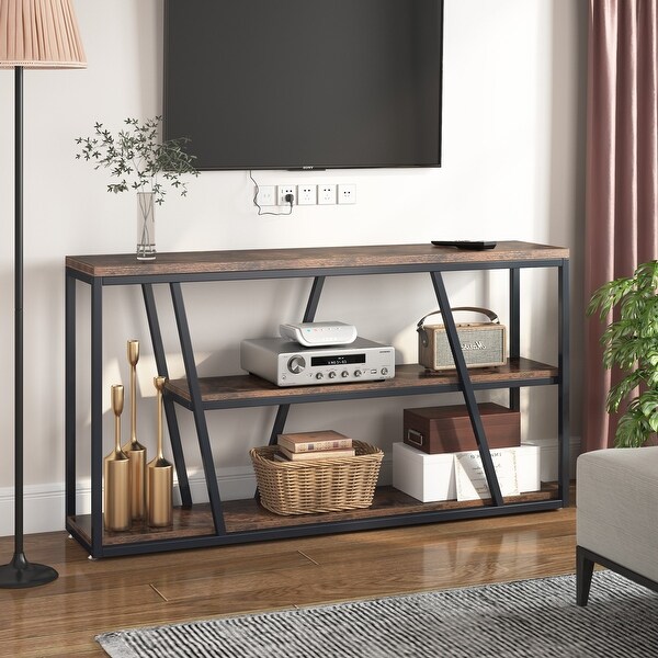 3-Tier Industrial Console Table Sofa Table with Open Shelves - 59.1