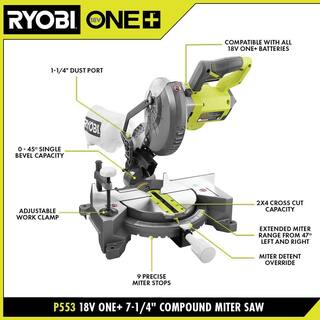 RYOBI ONE+ 18V Cordless 7-14 in. Compound Miter Saw with Lithium-Ion 4.0 Ah Battery (2-Pack) and Charger P553-PSK006