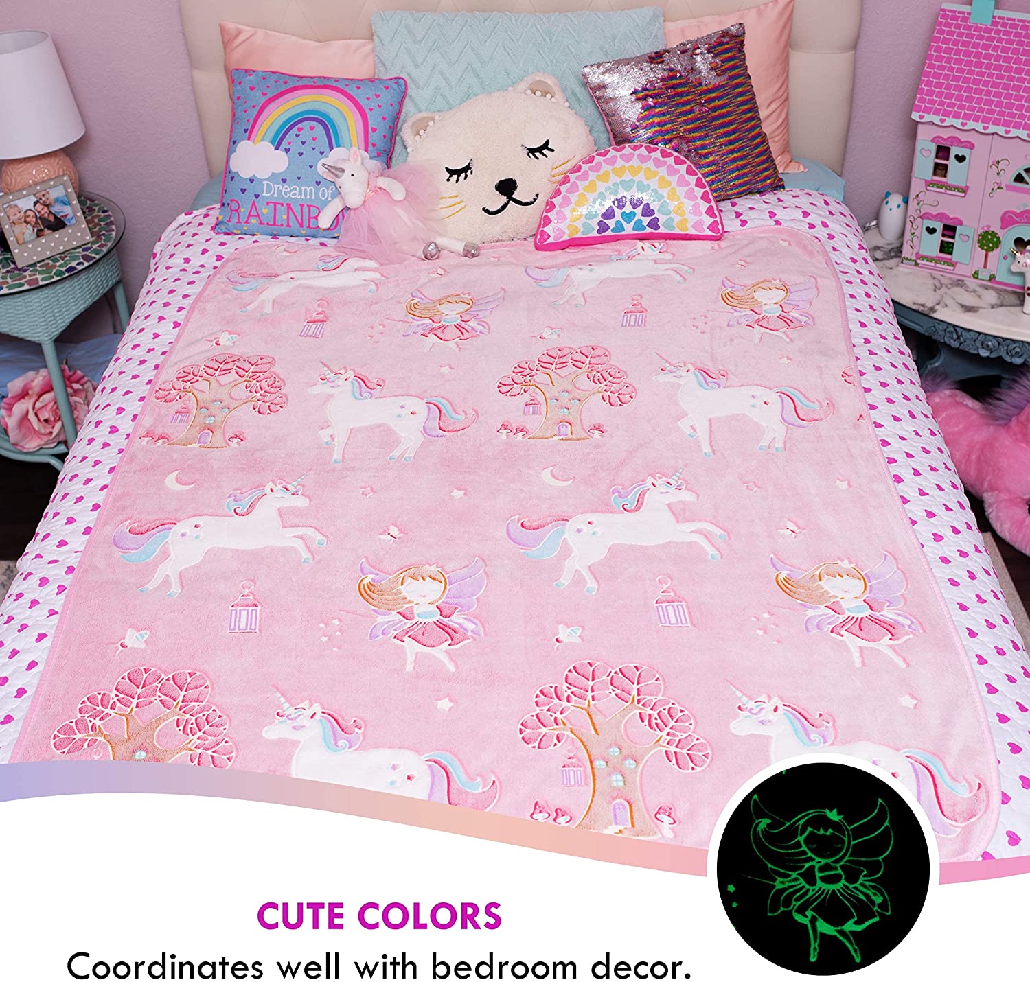 Glow in The Dark Unicorn Blanket for Girls – Soft Pink Fleece Throw. Great Christmas， Birthday， Baby， Toddler Unicorn Gifts! Premium Fuzzy Blanket with Fairy， Butterfly， Stars. Bright Long-Last Glow