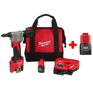 MW M12 12-Volt Lithium-Ion Cordless Rivet Tool Kit with Free 2.0 Ah Battery 2550-22-48-11-2420