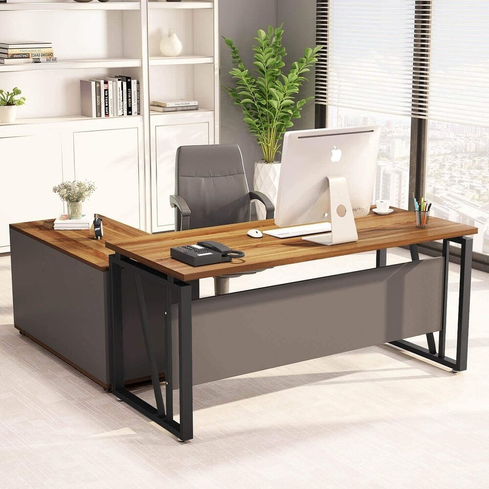 55 Inch L Shaped Computer Desk with File Cabinet Storage