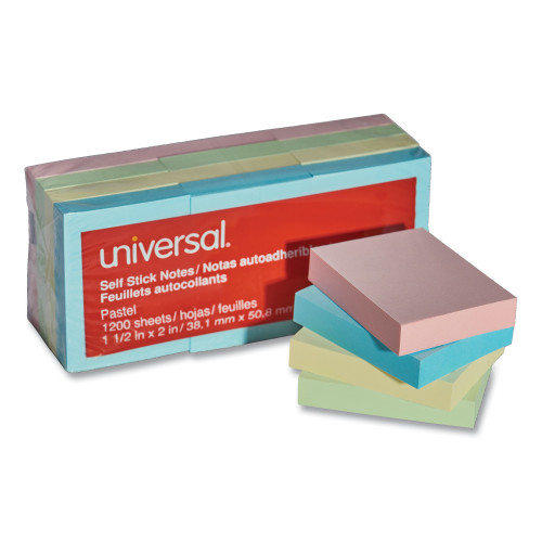 Universal Self-Stick Note Pads， 1 1/2 x 2， Assorted Pastel Colors， 100-Sheet， 12/Pack (35663)