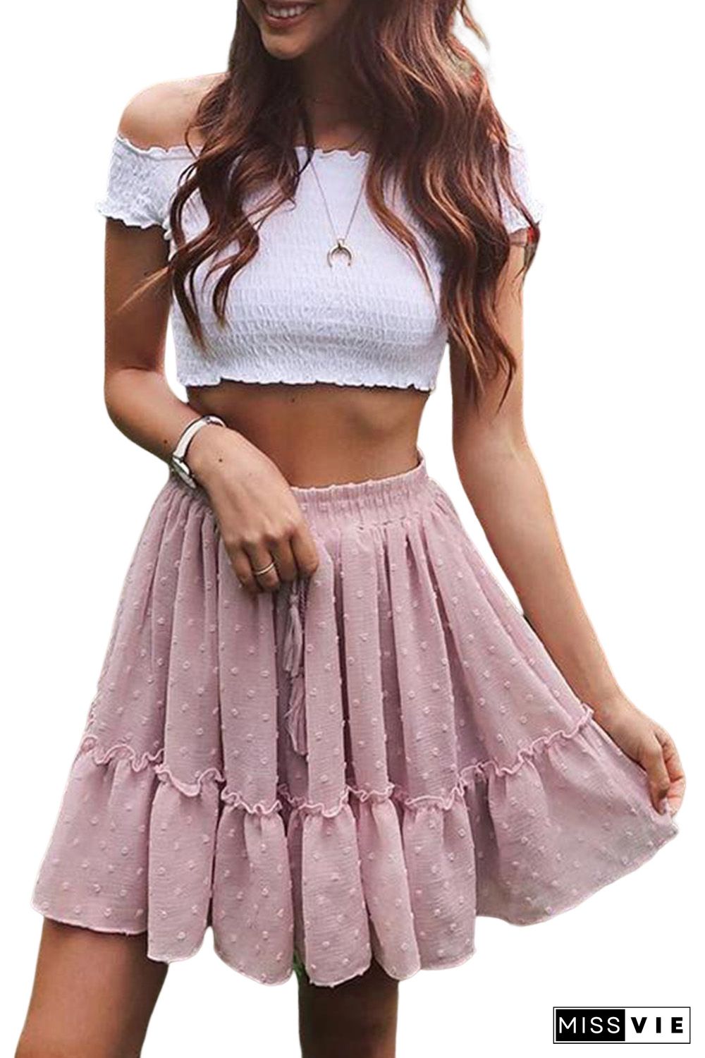 Pink Swiss Dot Frill Trim Flared Mini Skirt