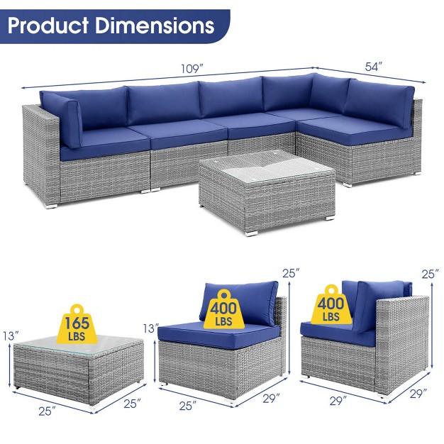 Tangkula 6pcs Patio Conversation Furniture Set Rattan Sectional Sofa Set W Navy Cushions