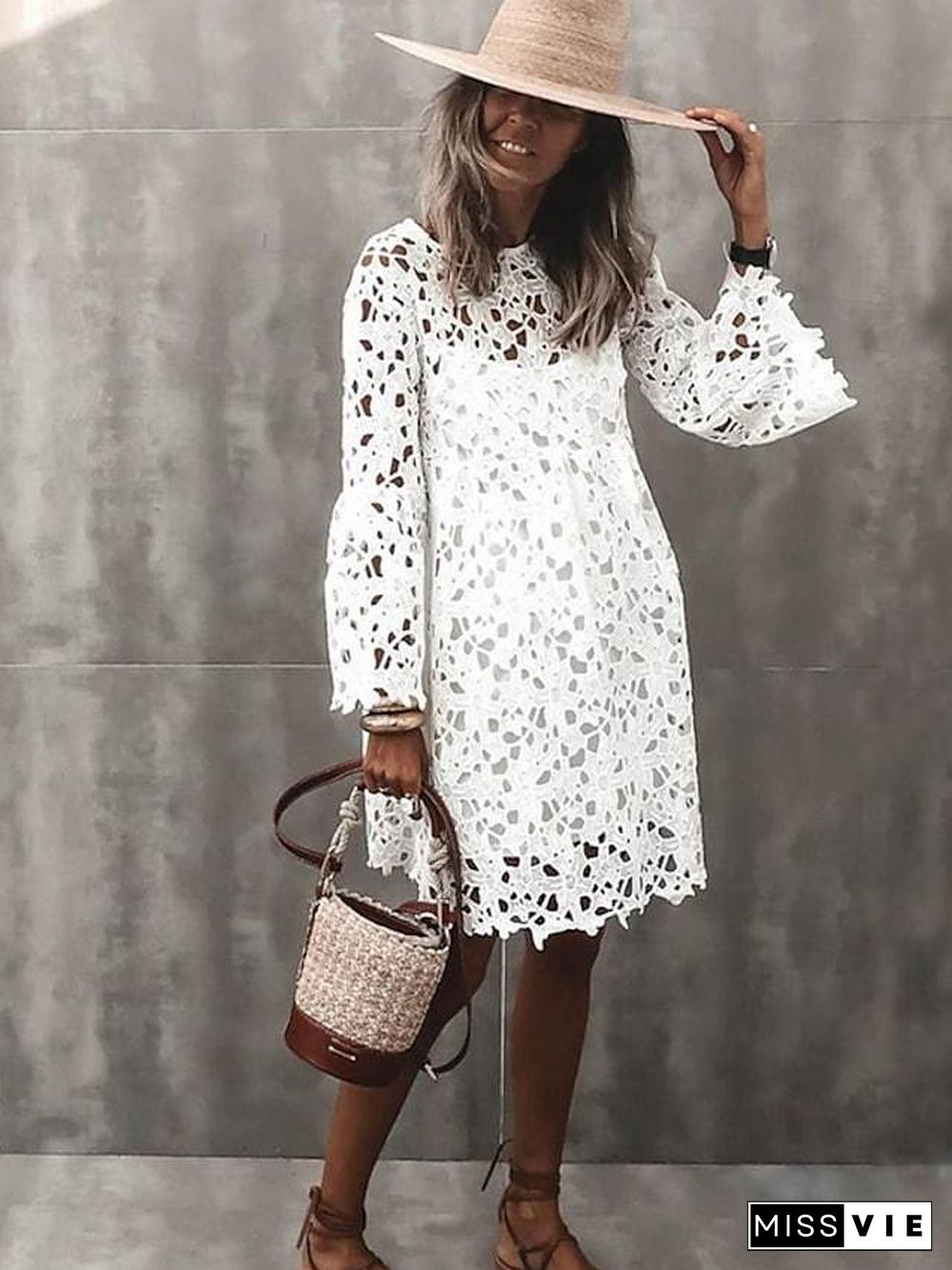 Women's Sheath Dress Short Mini Dress White Long Sleeve Solid Color Lace Hollow To Waist Spring Summer Round Neck Elegant Mumu vacation dresses Flare Cuff Sleeve  S M L XL White Dresses