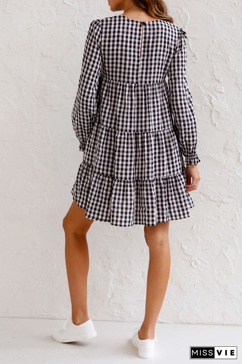 Casual Plaid Split Joint O Neck Cake Skirt Dresses