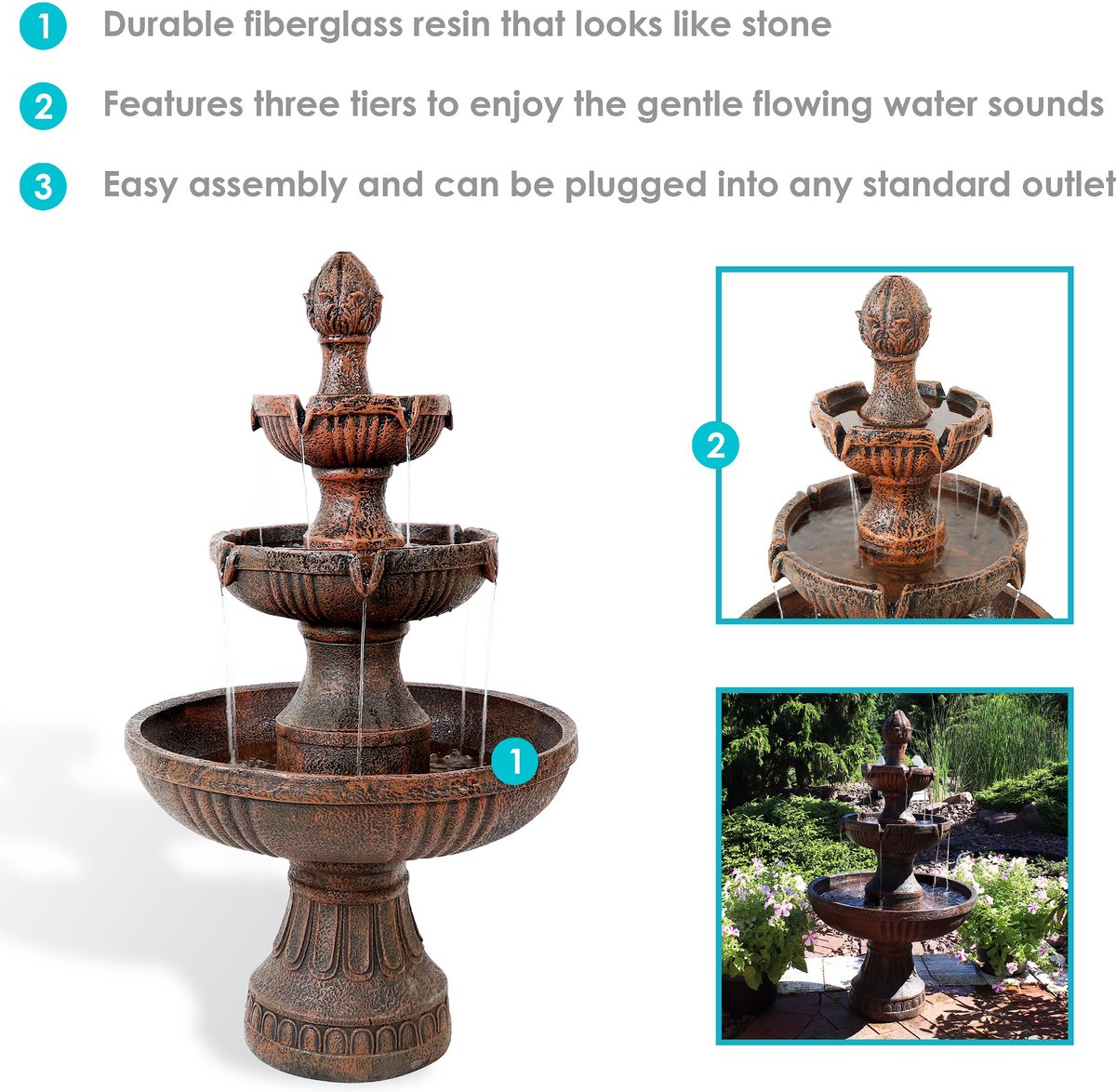 Sunnydaze Decor 3-Tier Flower Blossom Outdoor Electric Water Fountain