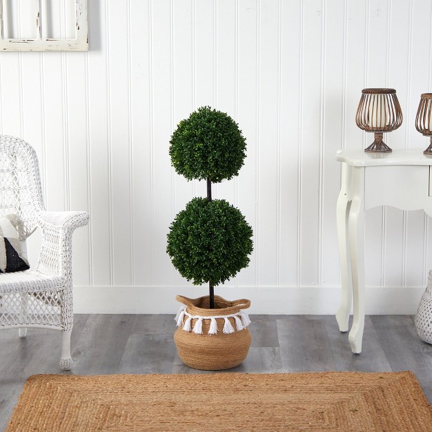 Nearly Natural 3.5-ft Boxwood Double Ball Topiary Tree In Boho Chic Handmade Natural Planter Uv Resistant