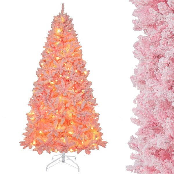 Gymax 7 FT PreLit Artificial Christmas Tree Lighted Pink Snow Flocked