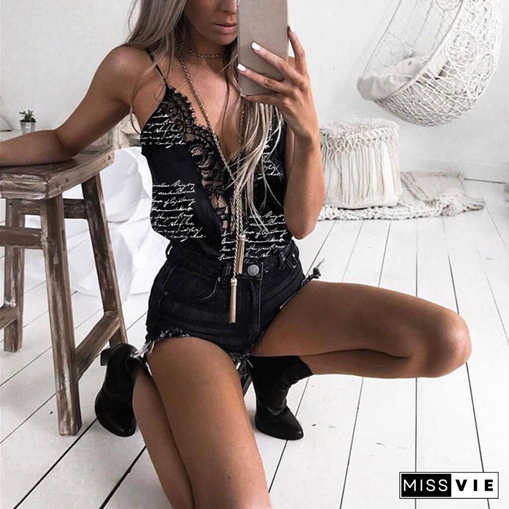 Summer Office Ladies Lace Camisole Letter Print Club Night Tops For Women Sleeveless Vest Female Tanks Streetwear