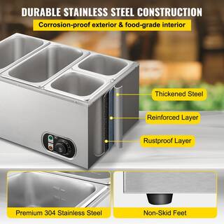 VEVOR 6 in. Deep Commercial Food Warmer 2x13GN and 2x16GN 4-Pan Stainless Steel Bain Marie 14.8 Qt. Capacity 1500W PT4BM-42B110VLRI8V1