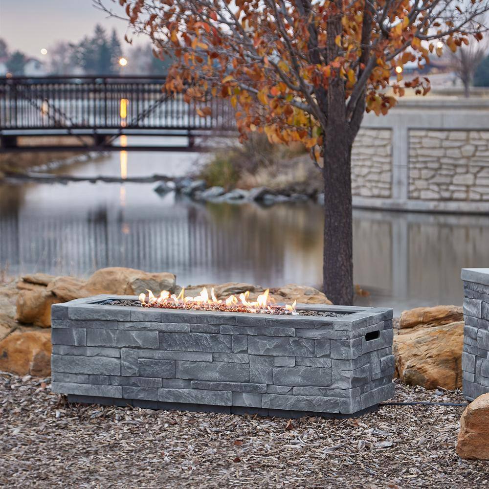 Real Flame Ledgestone 48 in. x 15 in. Rectangle MGO Propane Fire Pit Table in Gray Ledgestone with NG Conversion Kit CT0003LP-GLS