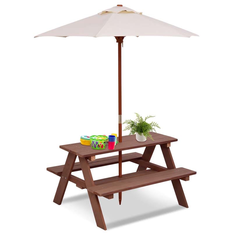 4-Seat Outdoor Kid's Wood Picnic Table Bench Set with Umbrella, Children Activity Table with Built-in Benches