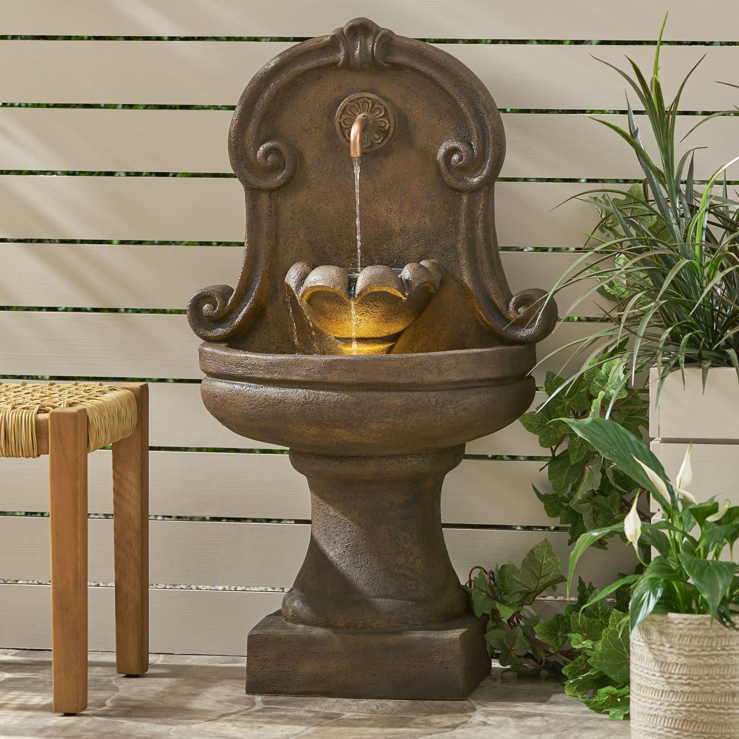 Devore Outdoor 2-Tier Single Spout Fountain, Light Brown