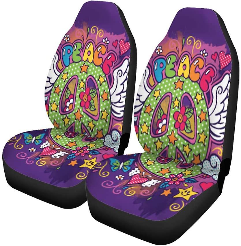 Set Of 2 Car Seat Covers Butterfly Peace Sign Doodle Cartoon Clouds Curls Dots Universal Auto Front Seats Protector Fits D---67491