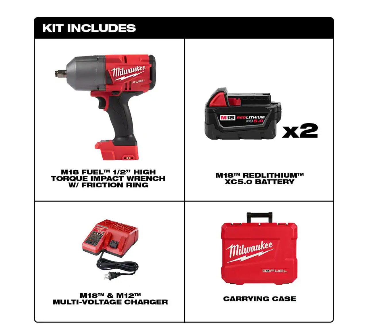 Milwaukee 2767-22 M18 FUEL 18V Lithium-Ion Brushless Cordless 1/2 in. Impact Wrench with Friction Ring Kit With Two 5.0 Ah Batteries