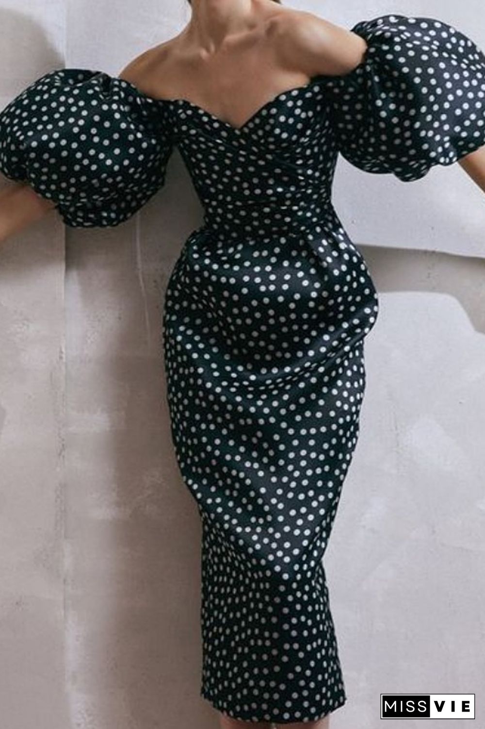 Fashion Elegant Polka Dot Slit Fold Strapless Pencil Skirt Dresses