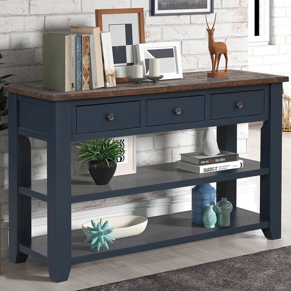 48'' Solid Pine Wood Top Console Table， Modern Entryway Sofa Side Table with 3 Storage Drawers and 2 Shelves